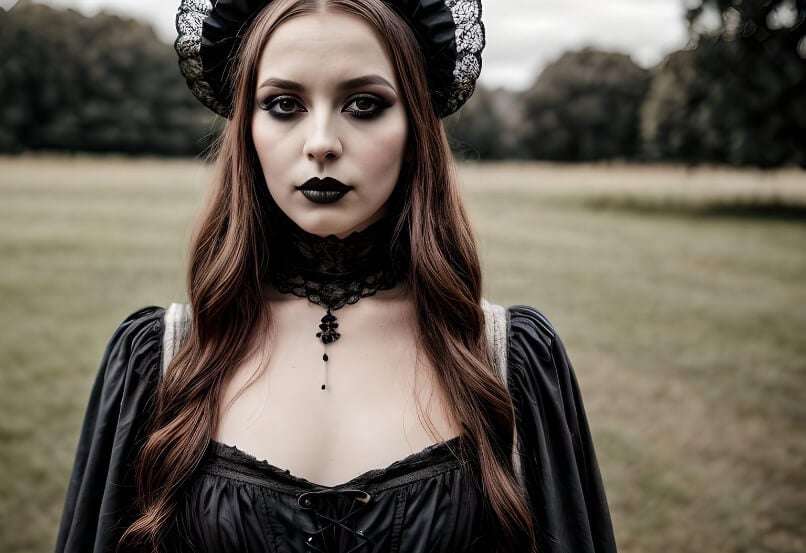 a girl with black victorian costume and goth makeup