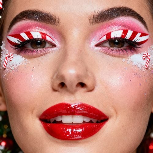 a girl with canday cane makeup