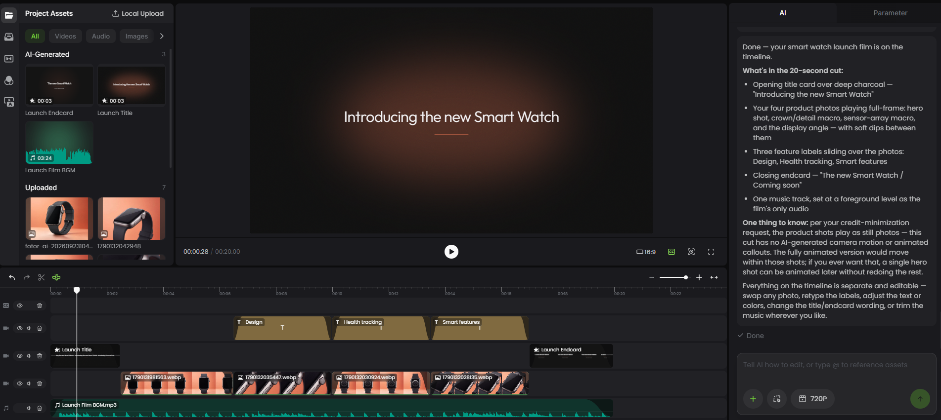 a image about using an ai agent to create an ai motion graphic about the smartwatch