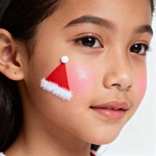 a little girl with a santa hat cheek