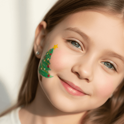 a little girl with xmas tree makeup