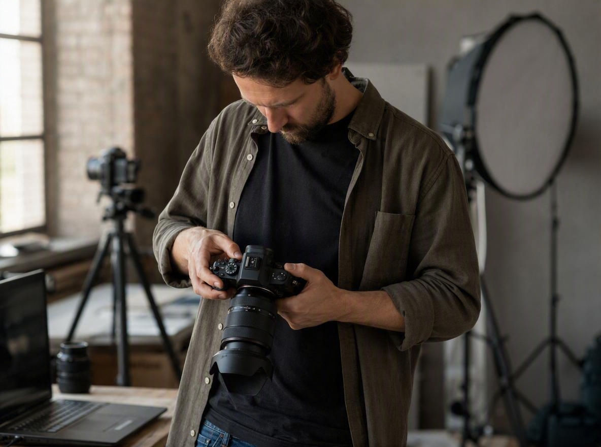 a man is adjutsing camera settings for taking professional photos