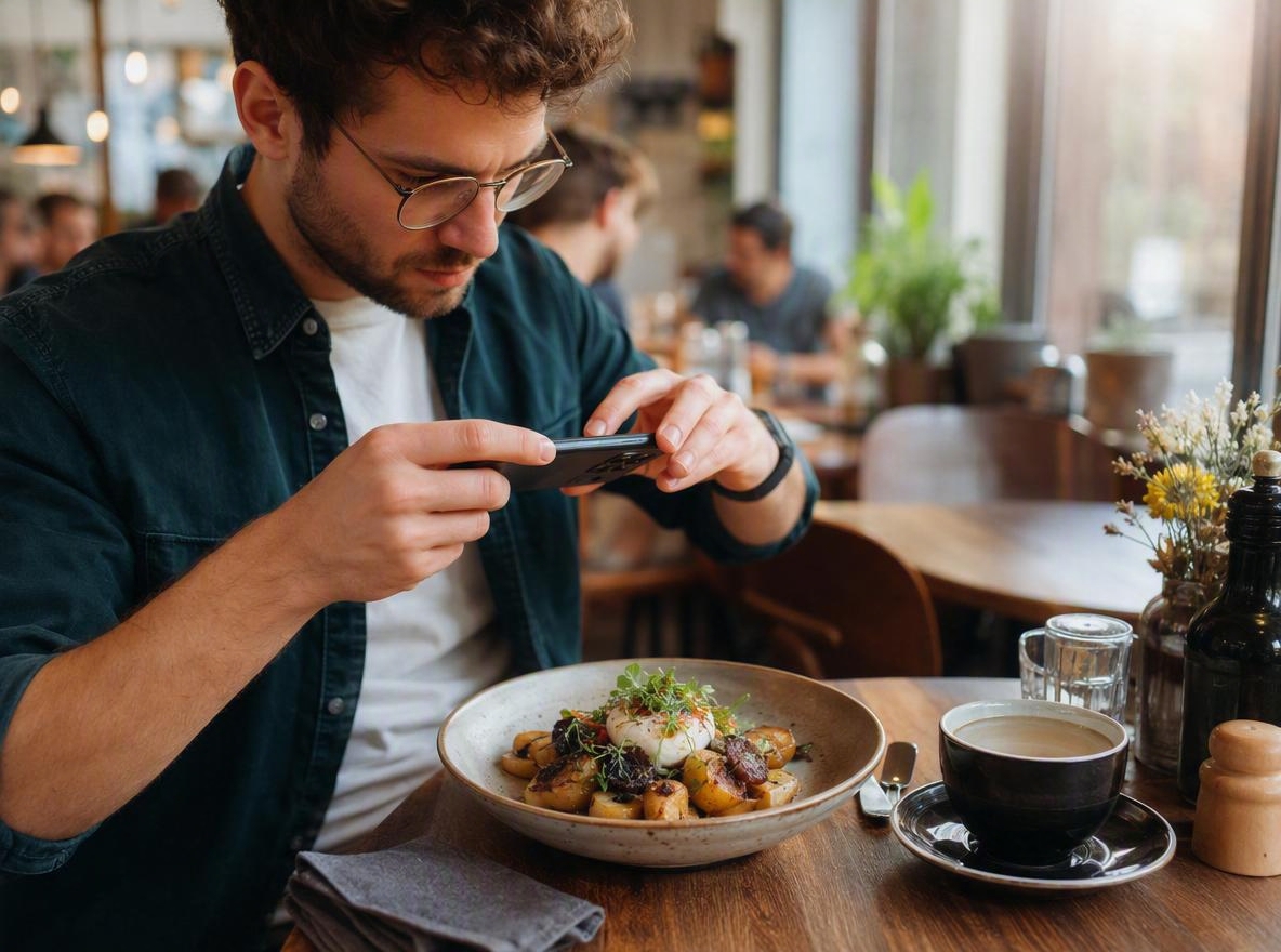 a man is taking a professional photo of a plate of food in a restaurant