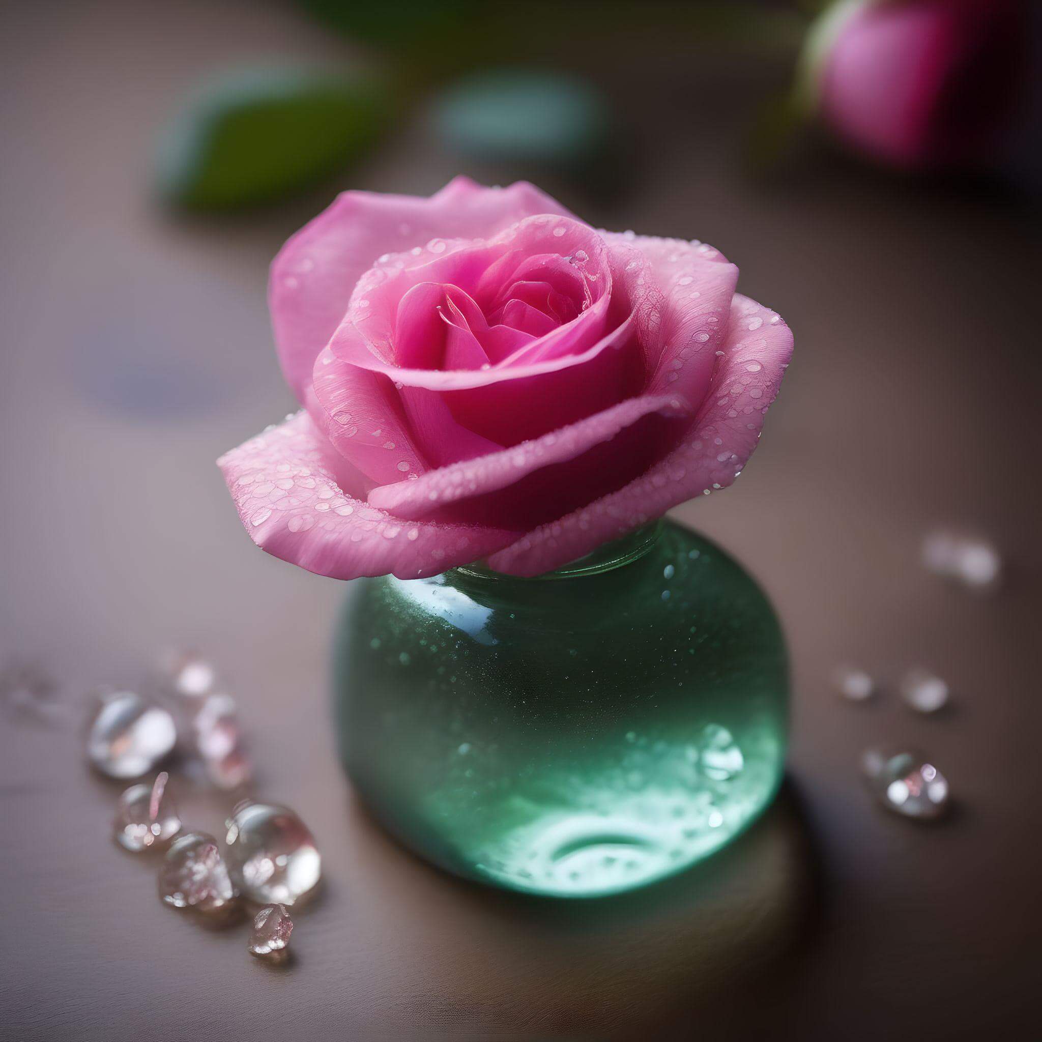 a pink rose in a glass bottle, dew on the petals