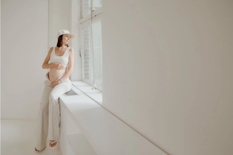 a pregnant female sitting beside the window