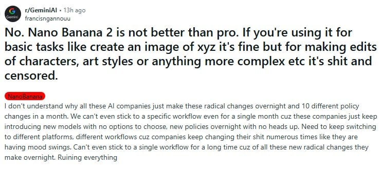 a reddit post that complains about Nano Banana 2's flaw in complex character edits