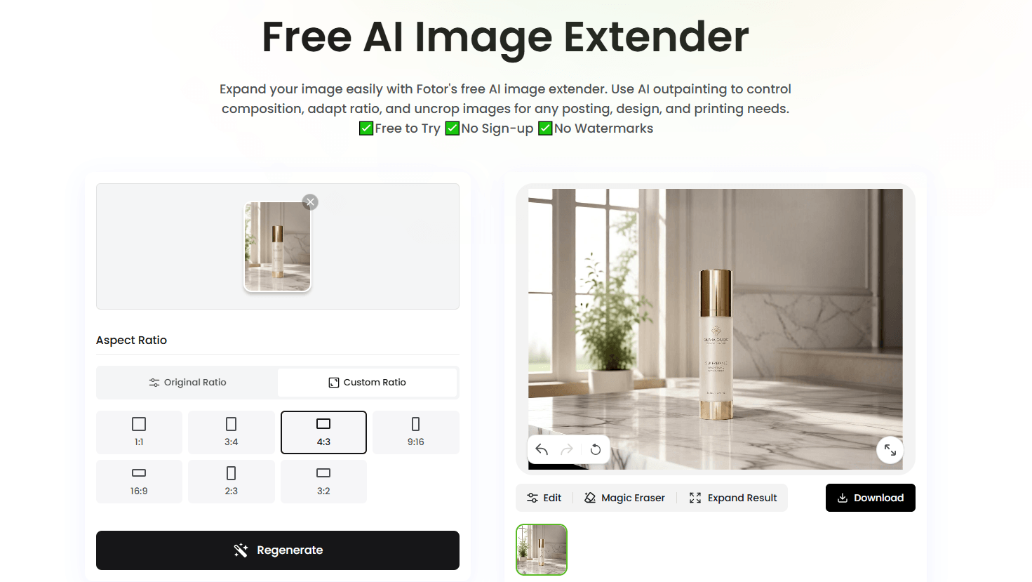 a screeshot of using fotor's ai extender to change a product photo into landscape format