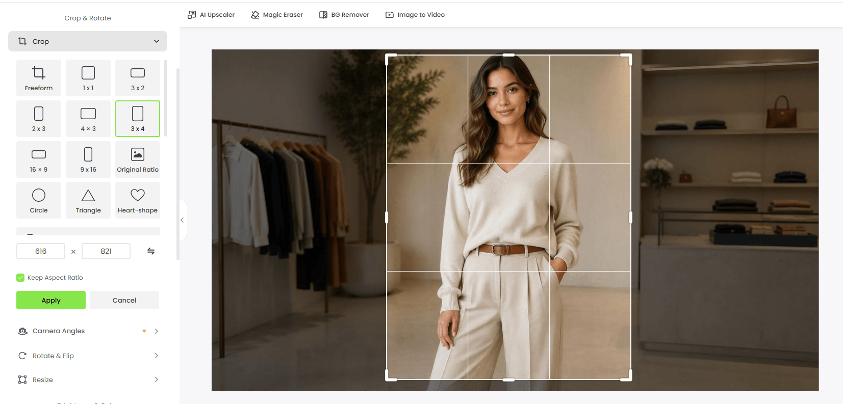 a screeshot of using fotor's image cropper to change a female landscape photo into portrait format