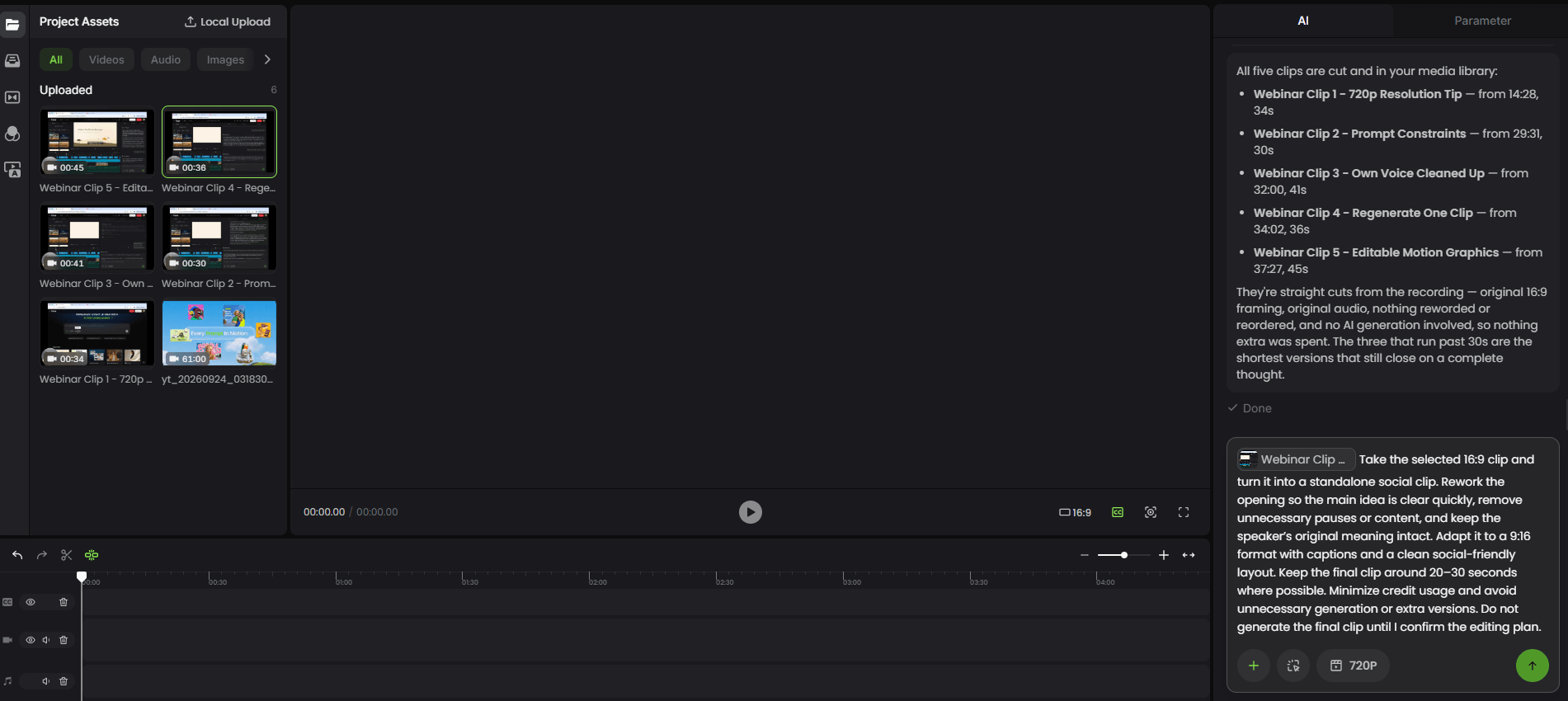 a selected webinar clip with an agent prompt to turn it into a standalone social clip