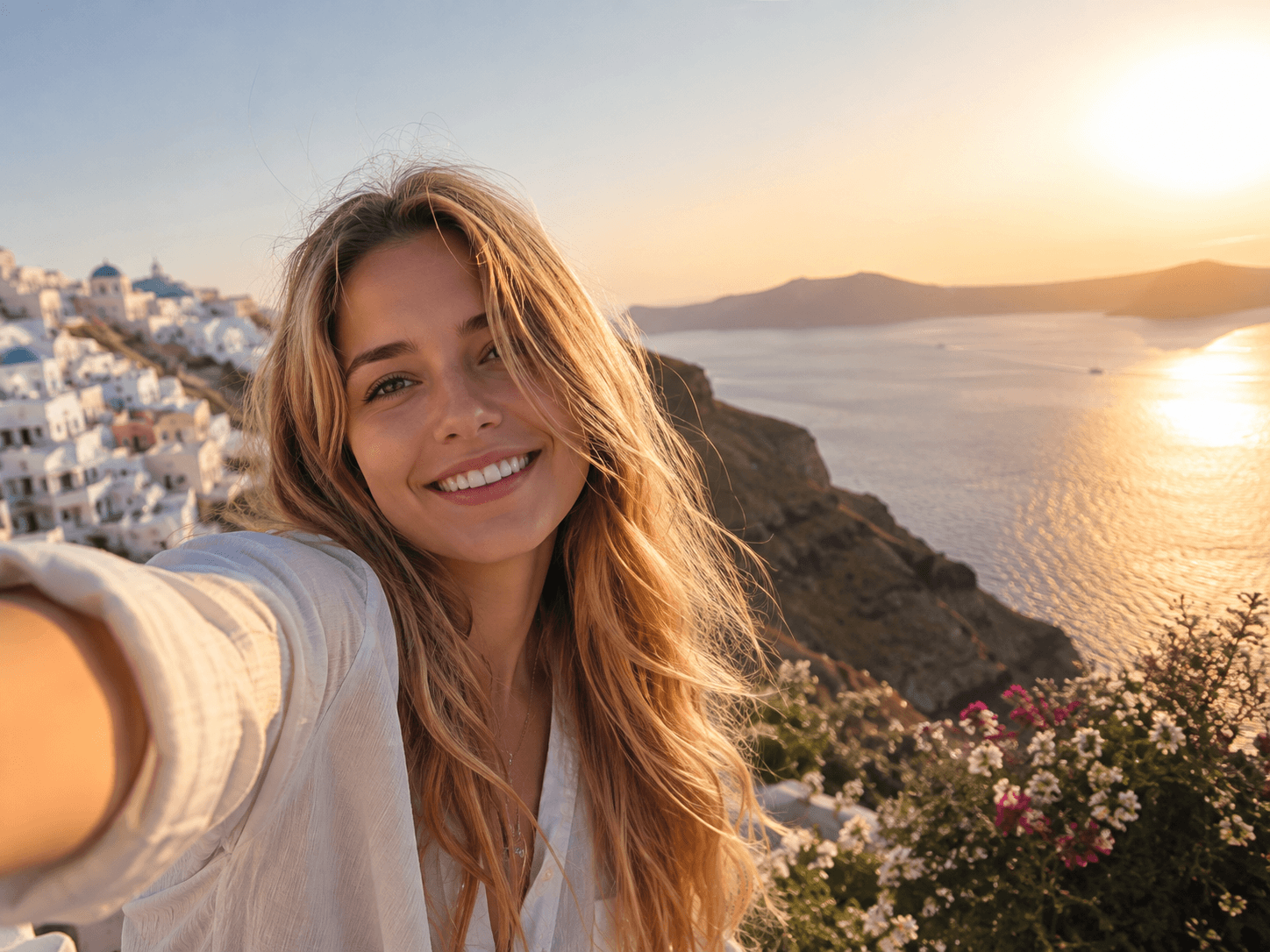 a selfie of a white girl in front of a beautiful town view