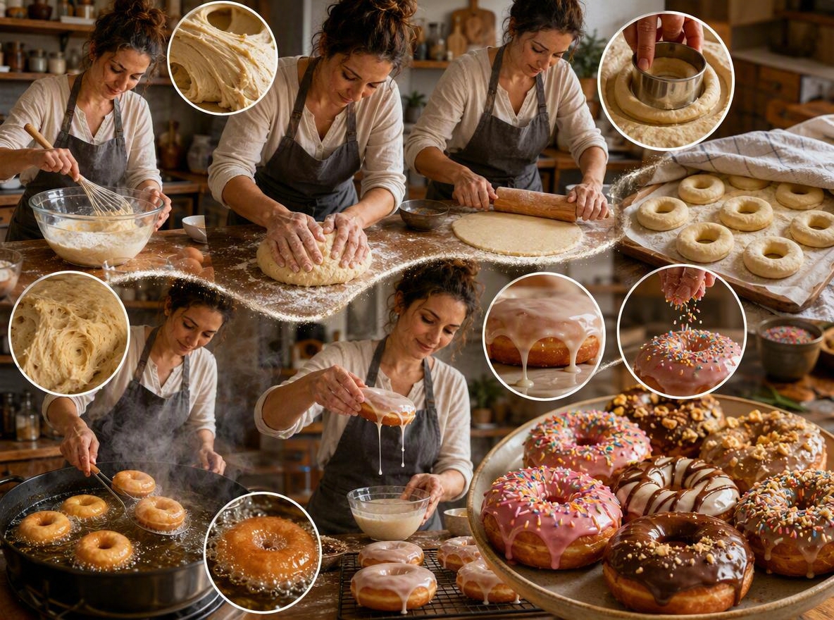 a sequence visual of showing a process of making a doughnut