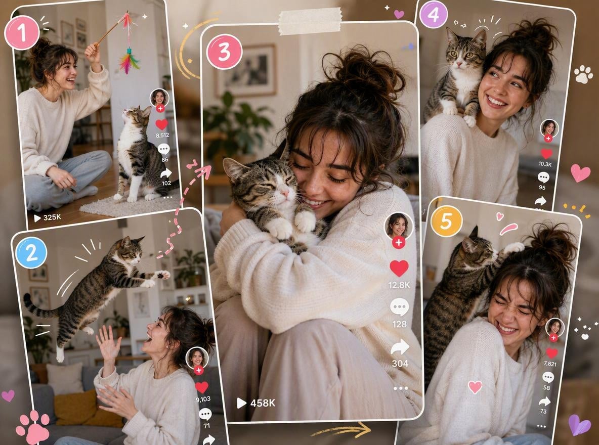a short video showing a girl teasing with a cat