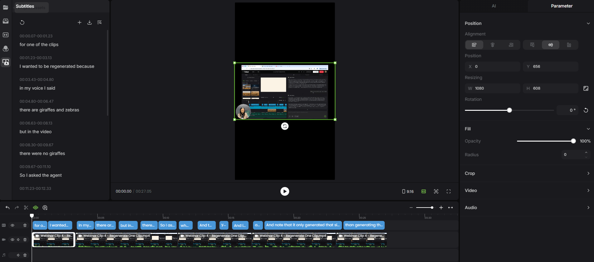 a webinar clip with synced captions and manual editing controls