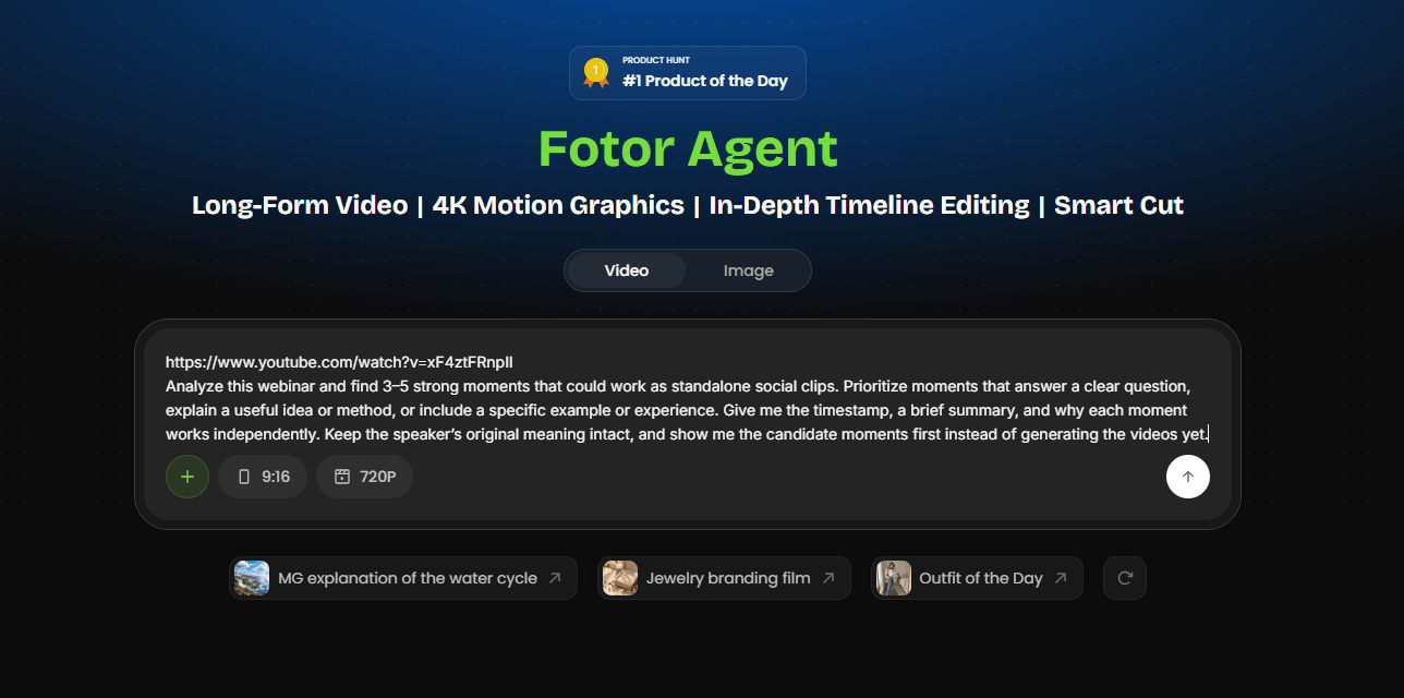 a webinar link and prompt entered in ai agent to find reusable social clips