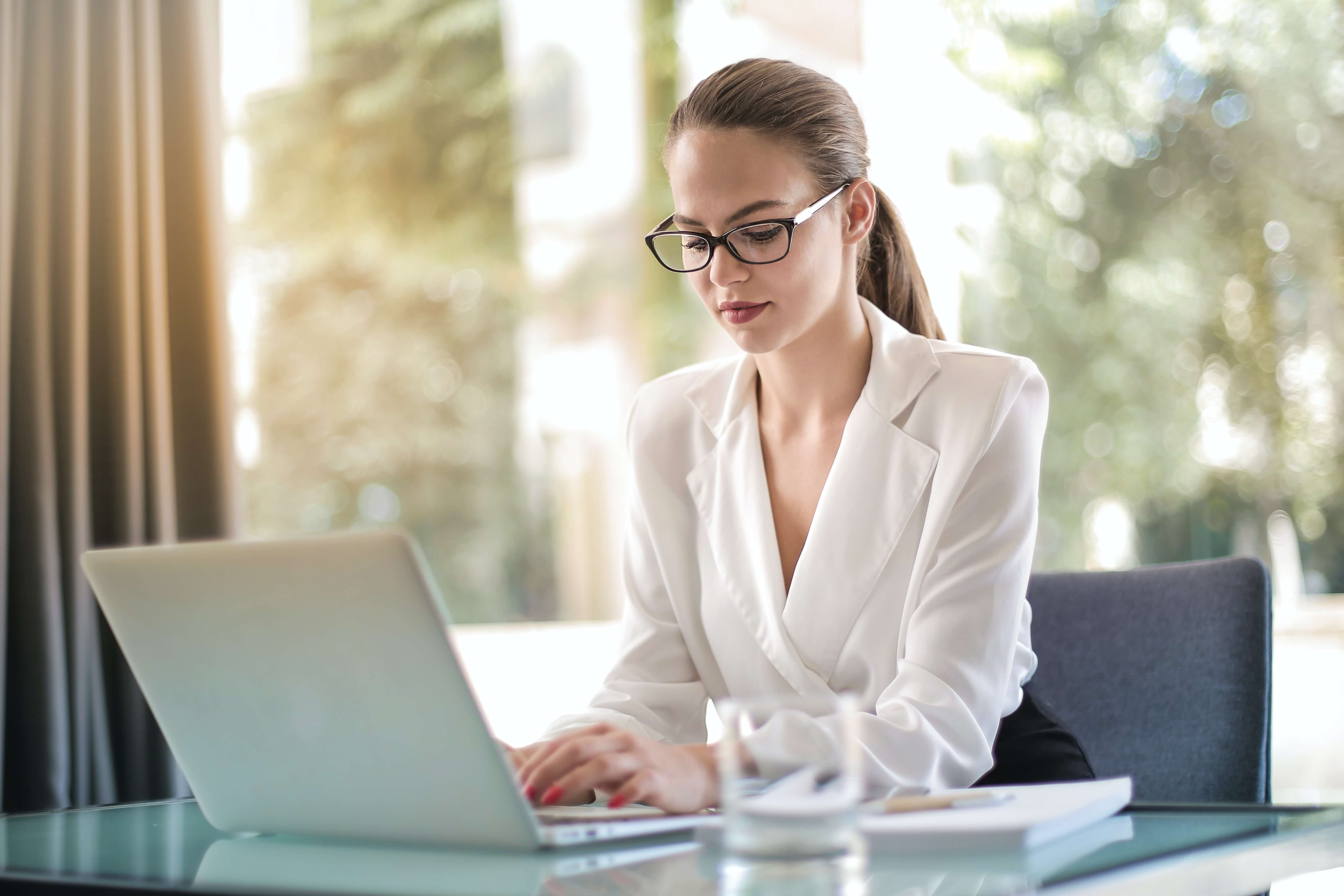 A woman works in the office.