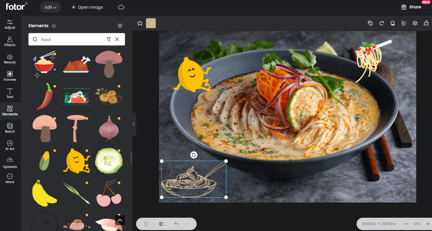 add cute stickers to food image with fotor