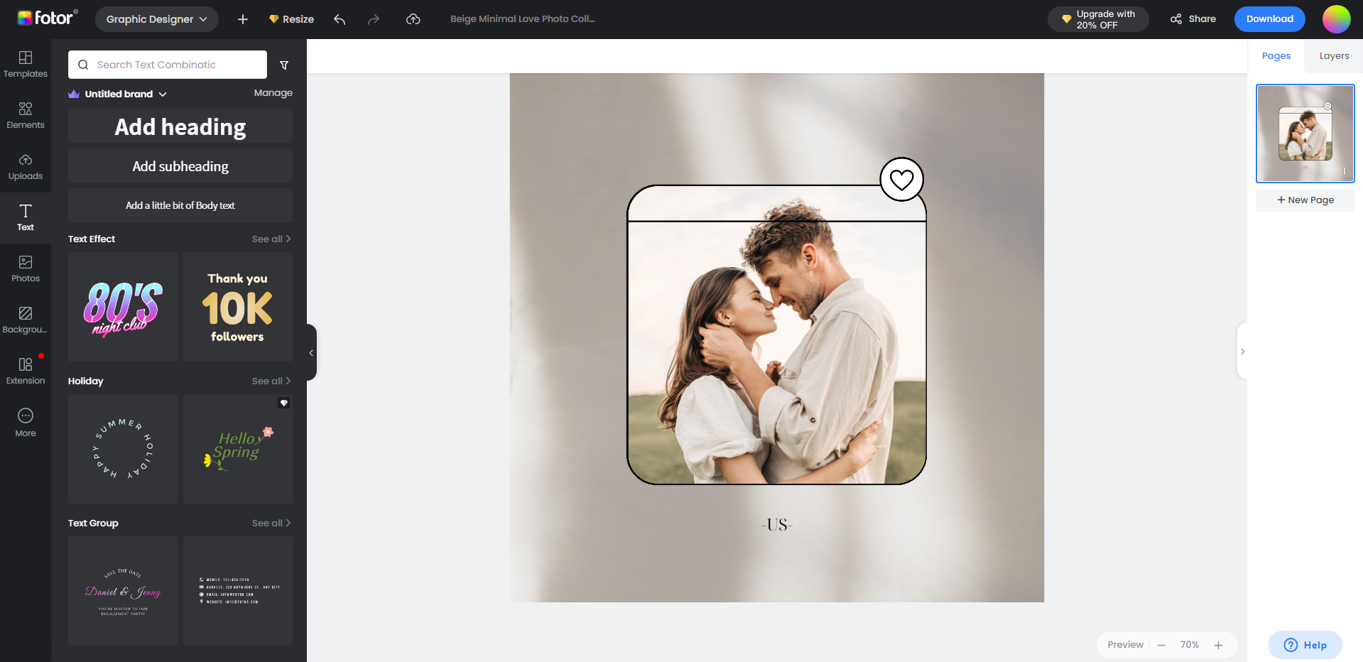 use fotor's text editor to add one word caption to the couple image in Fotor's instagram post template