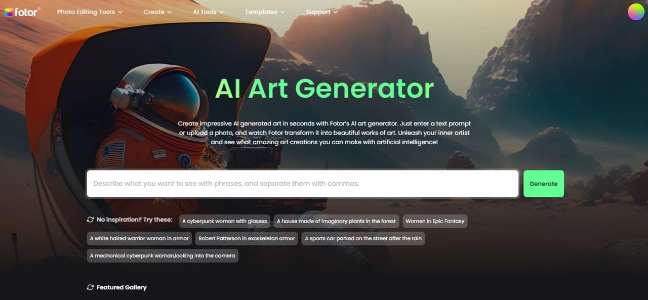 ai art generator interface of Fotor