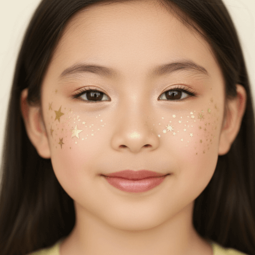 an asian girl with gold star cheek stamps