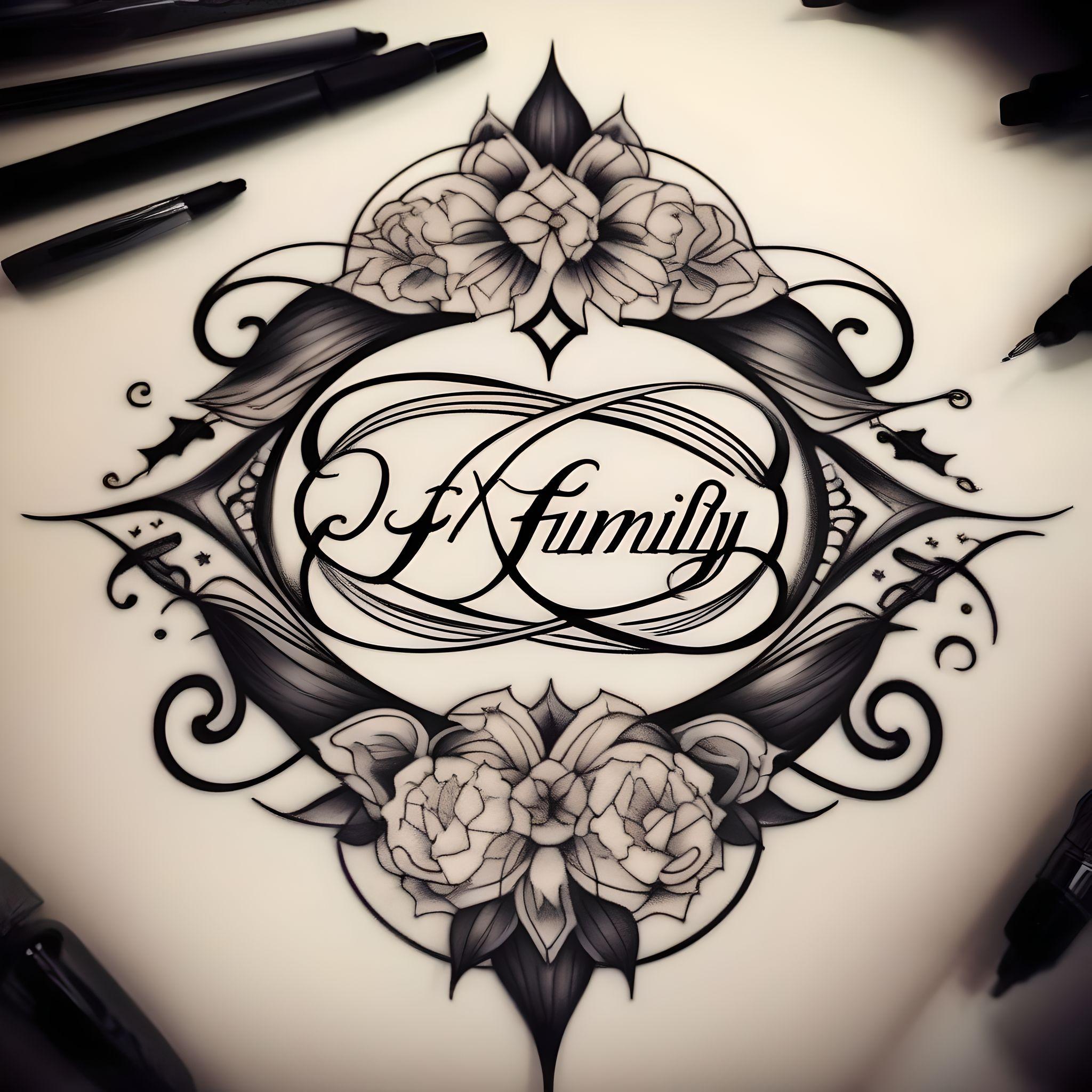 an infinity family tattoo on a back with a family letter