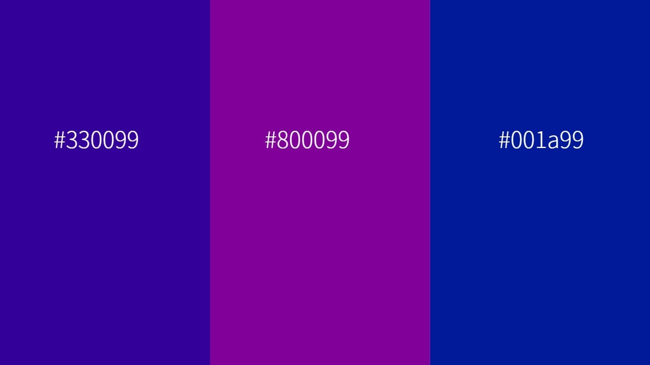 analogous colors of 330099, 800099, and 001a99
