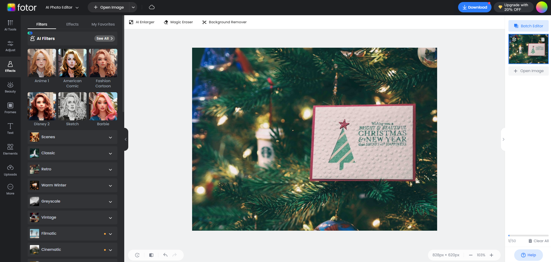 apply photo filter to a christmas tree photo