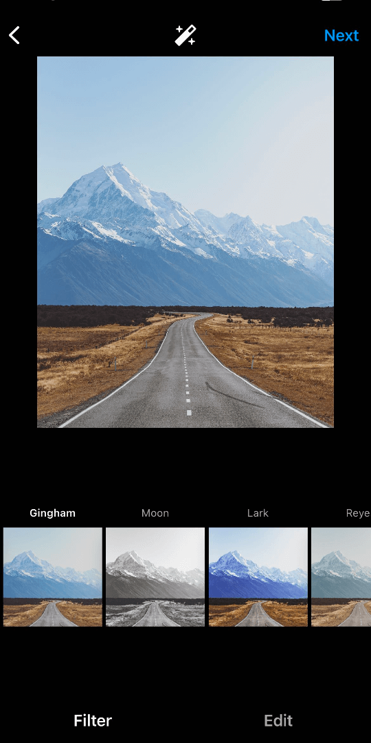 apply the Gingham filter in Instagram to a landscape photo