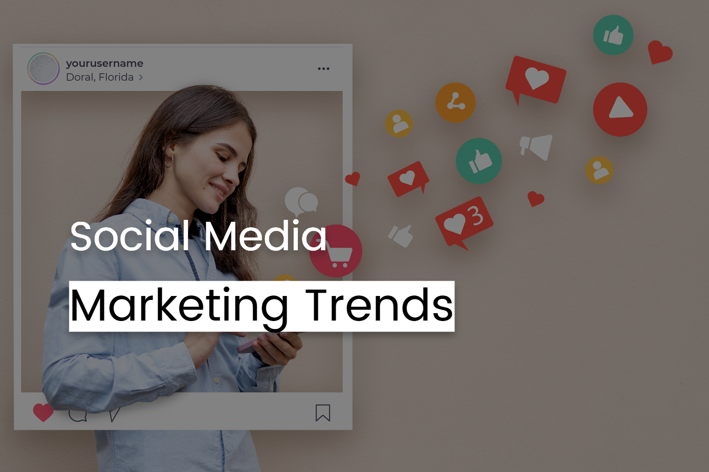 banner of social media marketing trends with a girl holding phone
