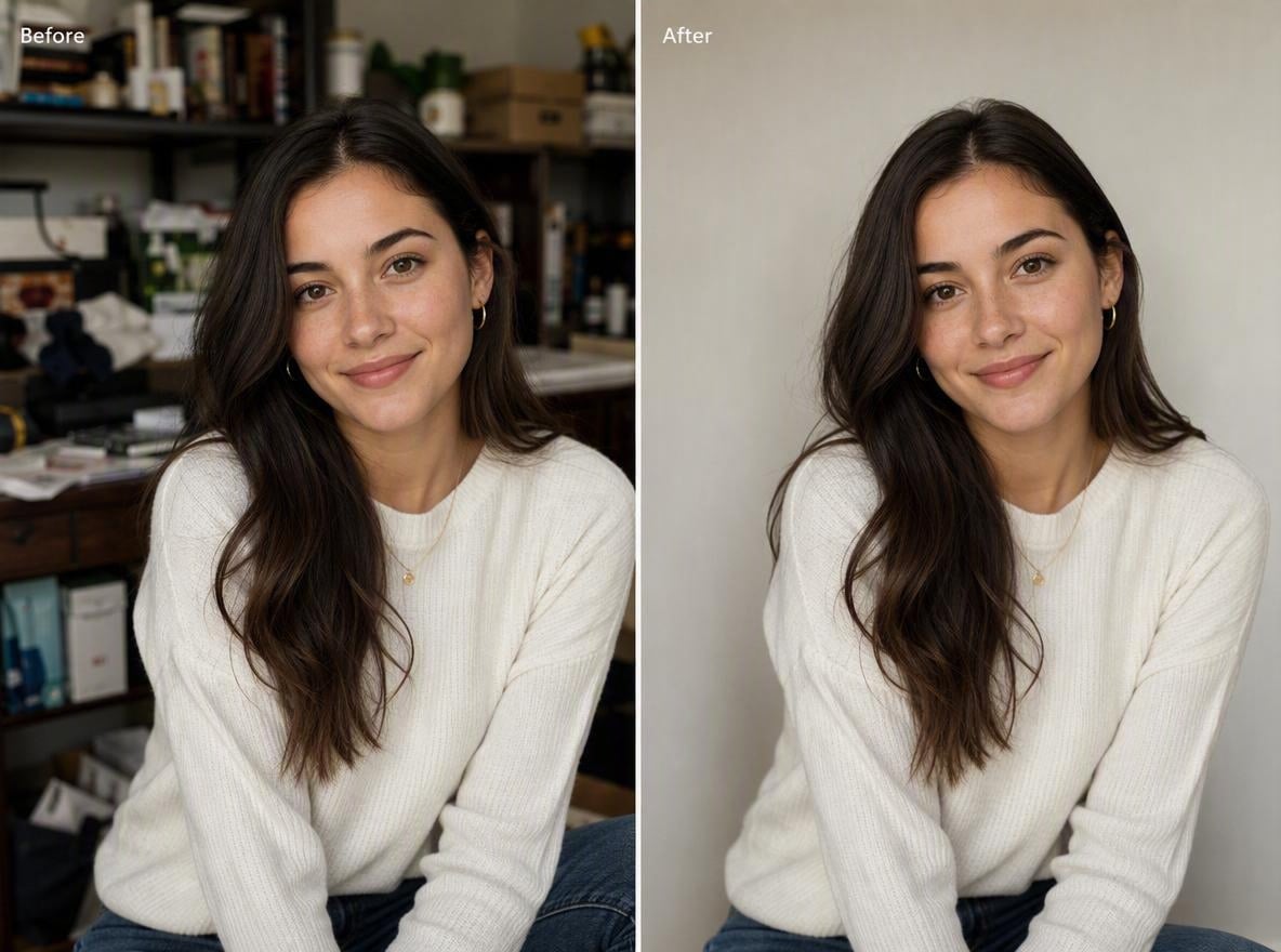 before and after example of a feamle portrait photo with a cluttered and a clean background