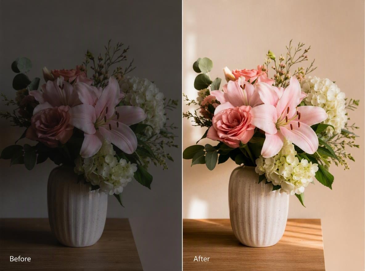 before and after example of a flower photo in bad and good lighting