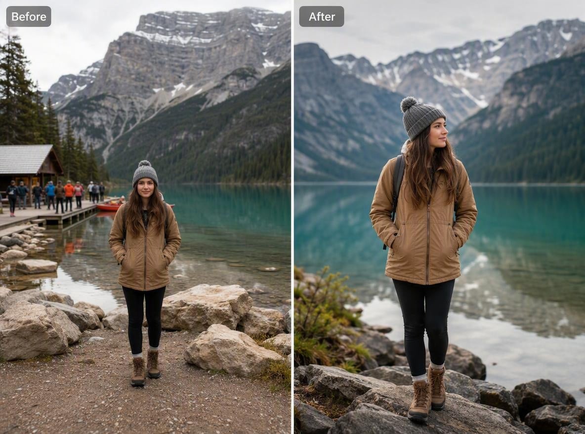 before and after example of a girl travel photo with a bad and a good composition