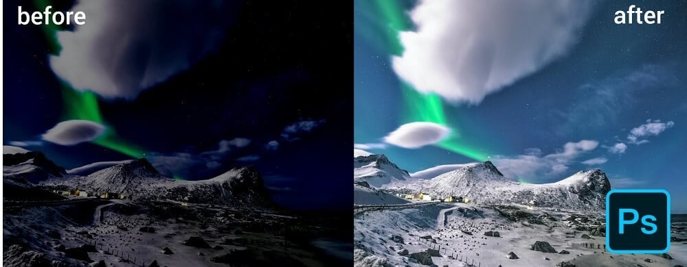 before and after result of brightening the aurora picture