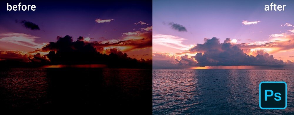 before and after result of brightening the sea picture
