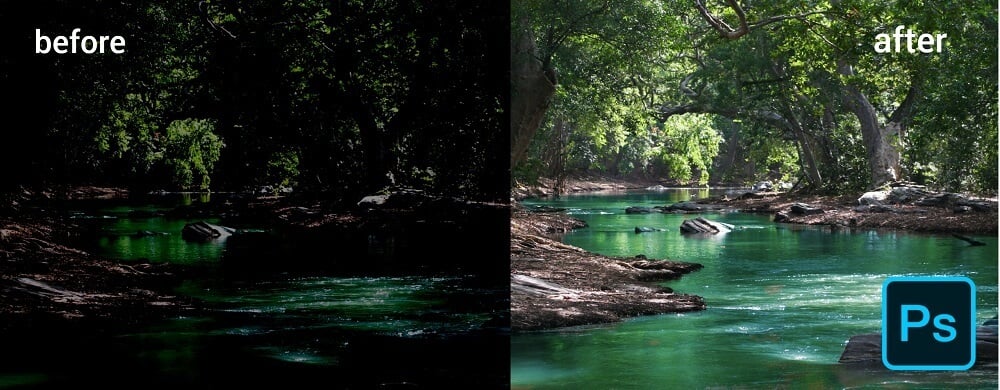 before and after result of brightening tree and creek picture