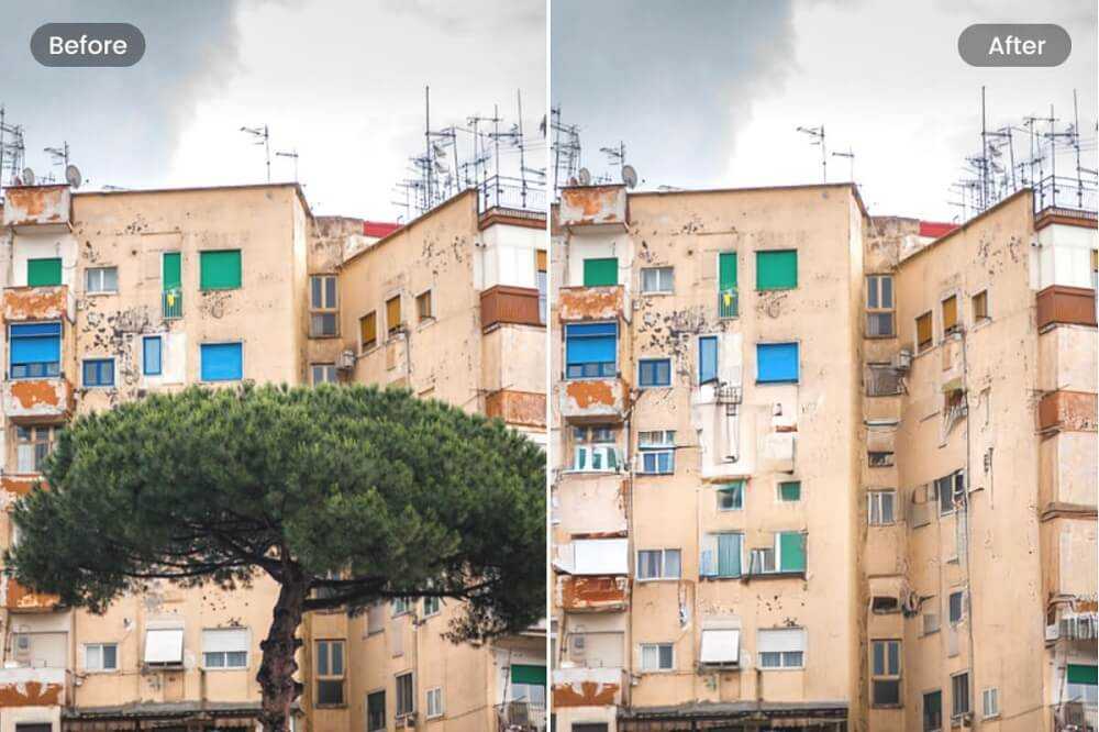 before and after result of removing tree from buildings