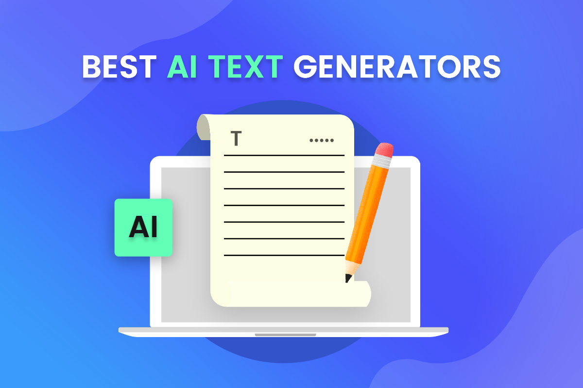 best ai text generators, a cartoon computer illustration, and a paper with pencil and ai icon