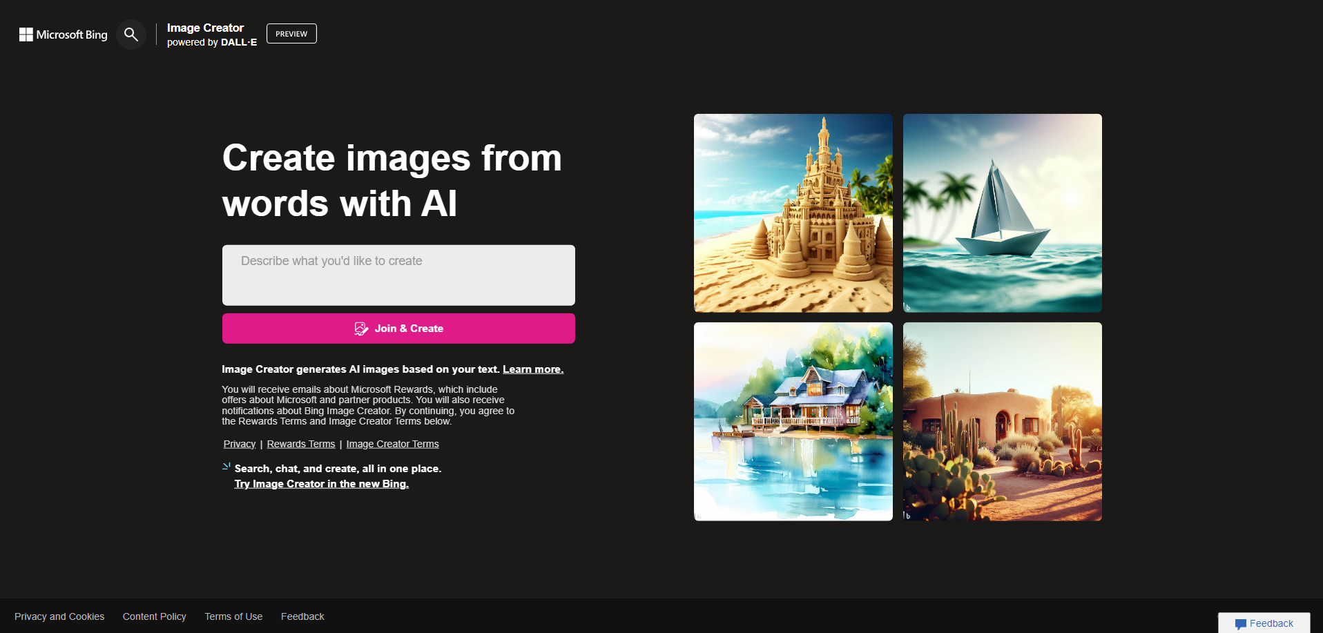 homepage of bing image creator