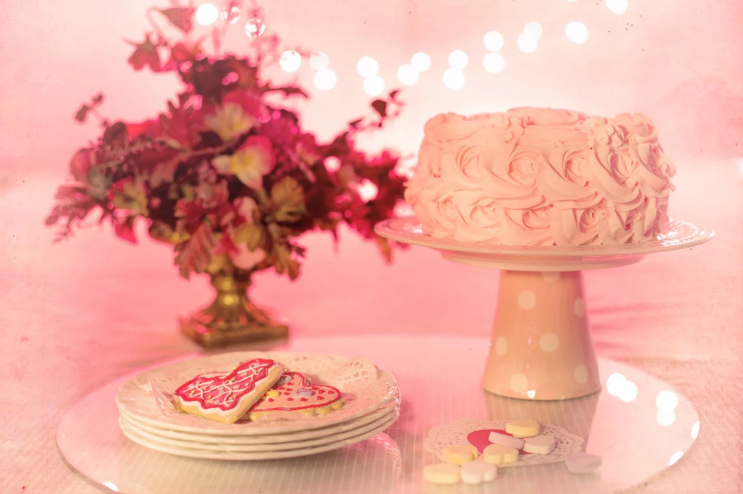 birthday cakes and flowers in pink