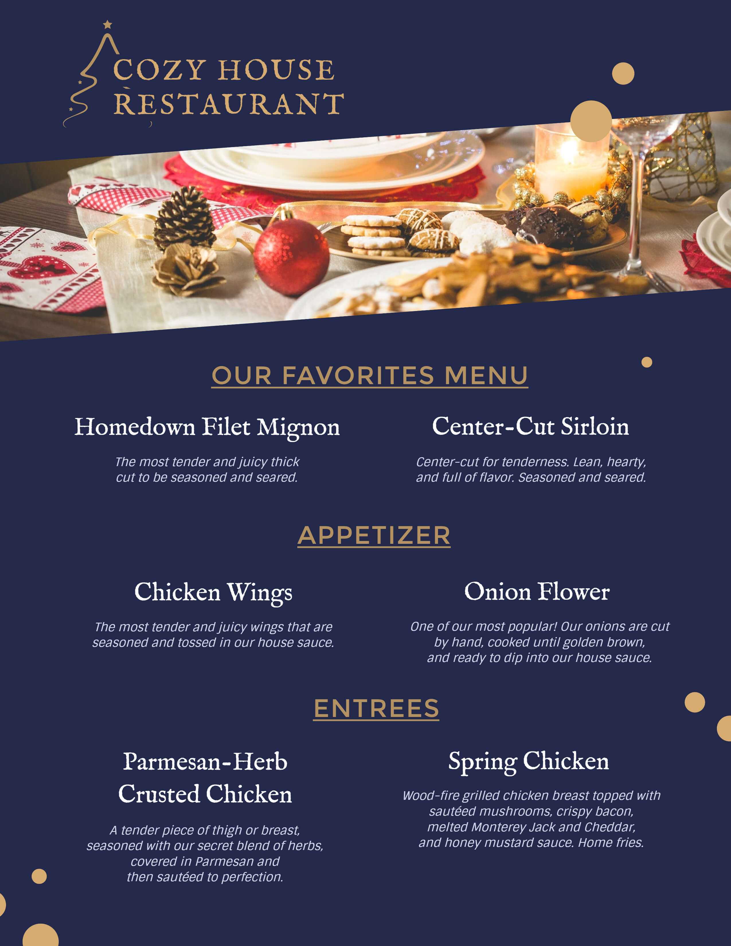 Blue Christmas dinner menu