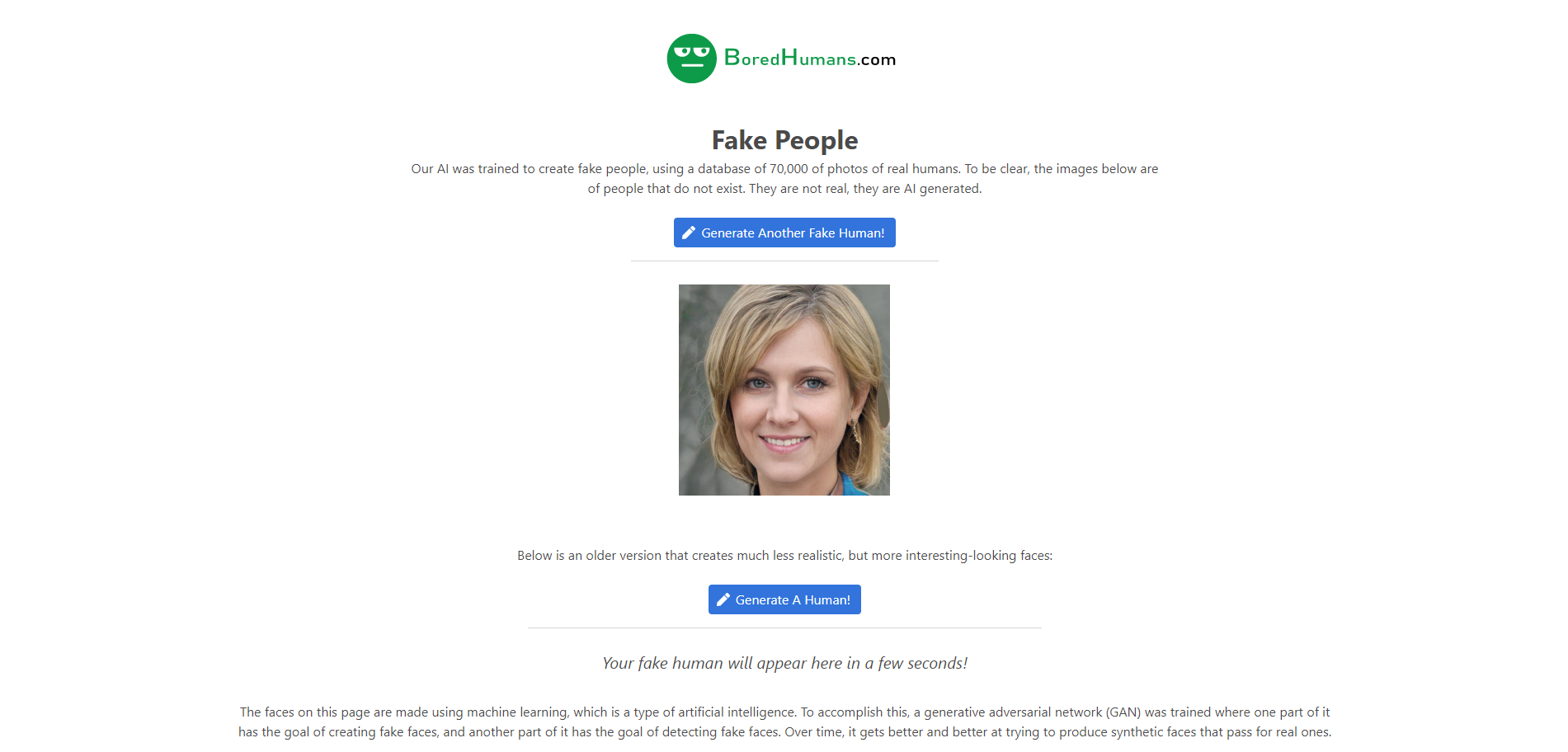 boredhuman ai face generator home page