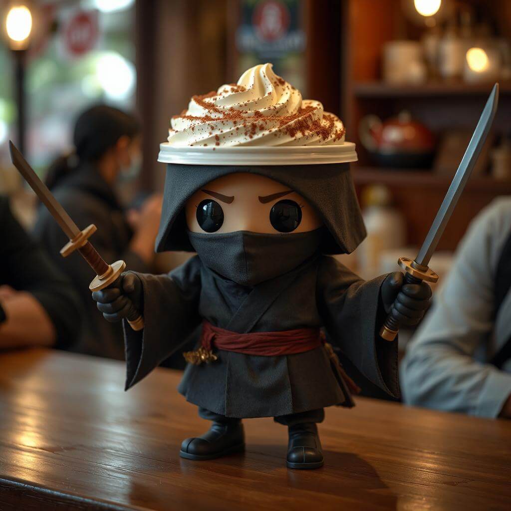 カフェでエスプレッソを片手に持ち、ジャンプするカプチーノアサシーノ
