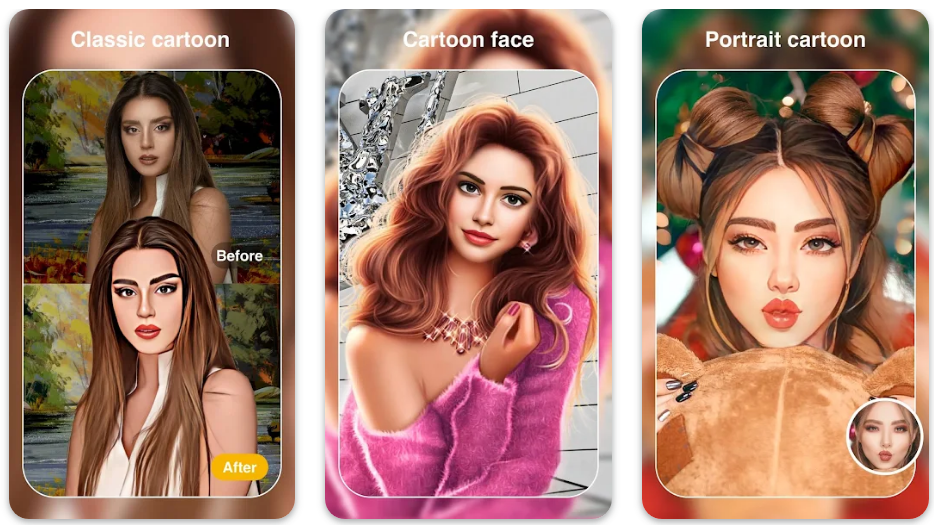 use the cartoon face app to transform three females into cartoons