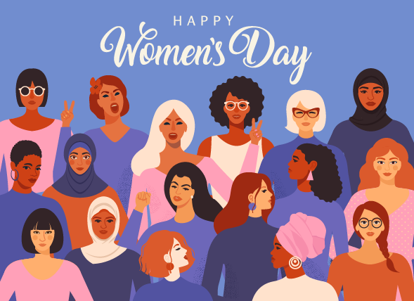 cartoon womans from all over the world with slogen happy woman's day