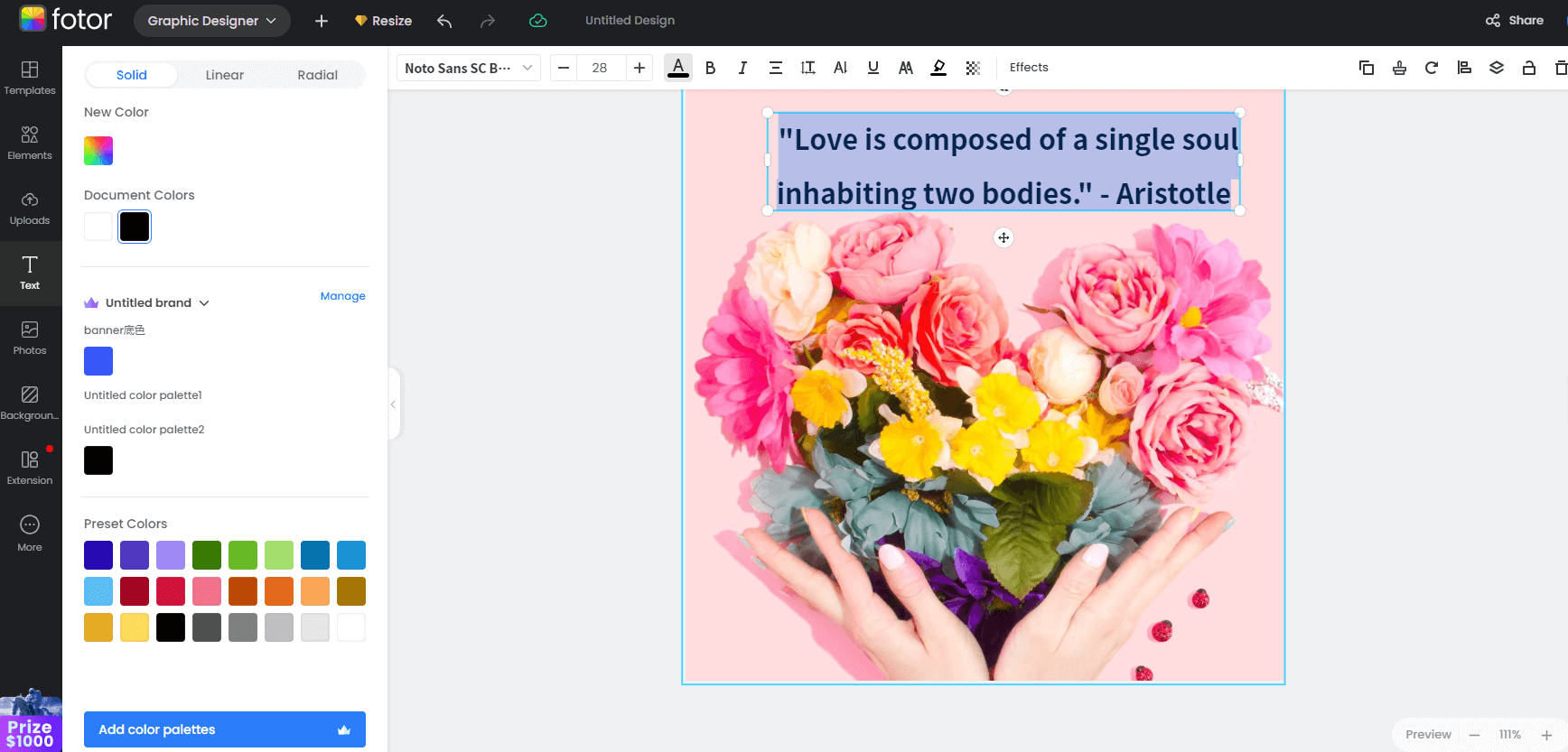 change text color of a love quote on a pink flower card