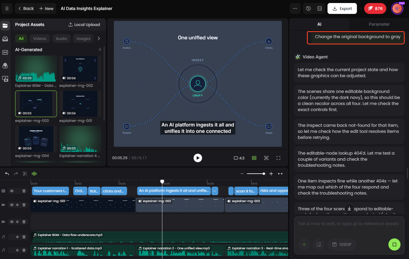 chat with fotor video agent to edit the scene