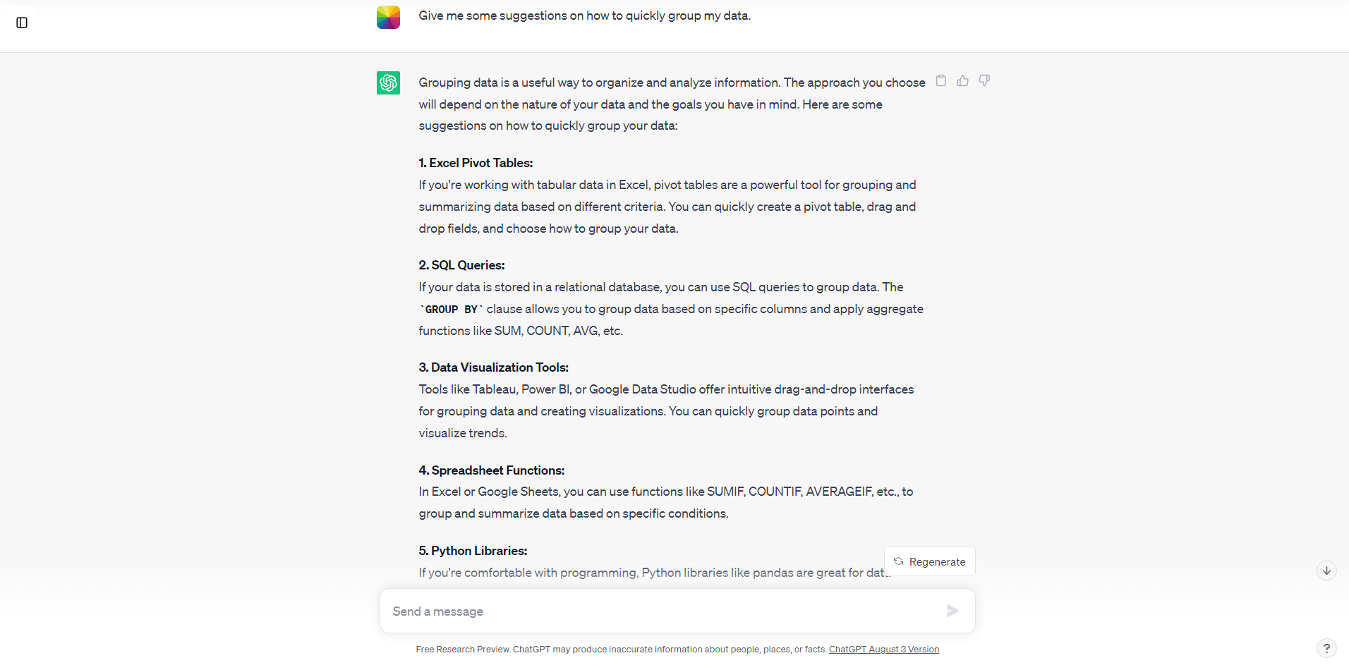 chatgpt conversation page of asking for how to group data