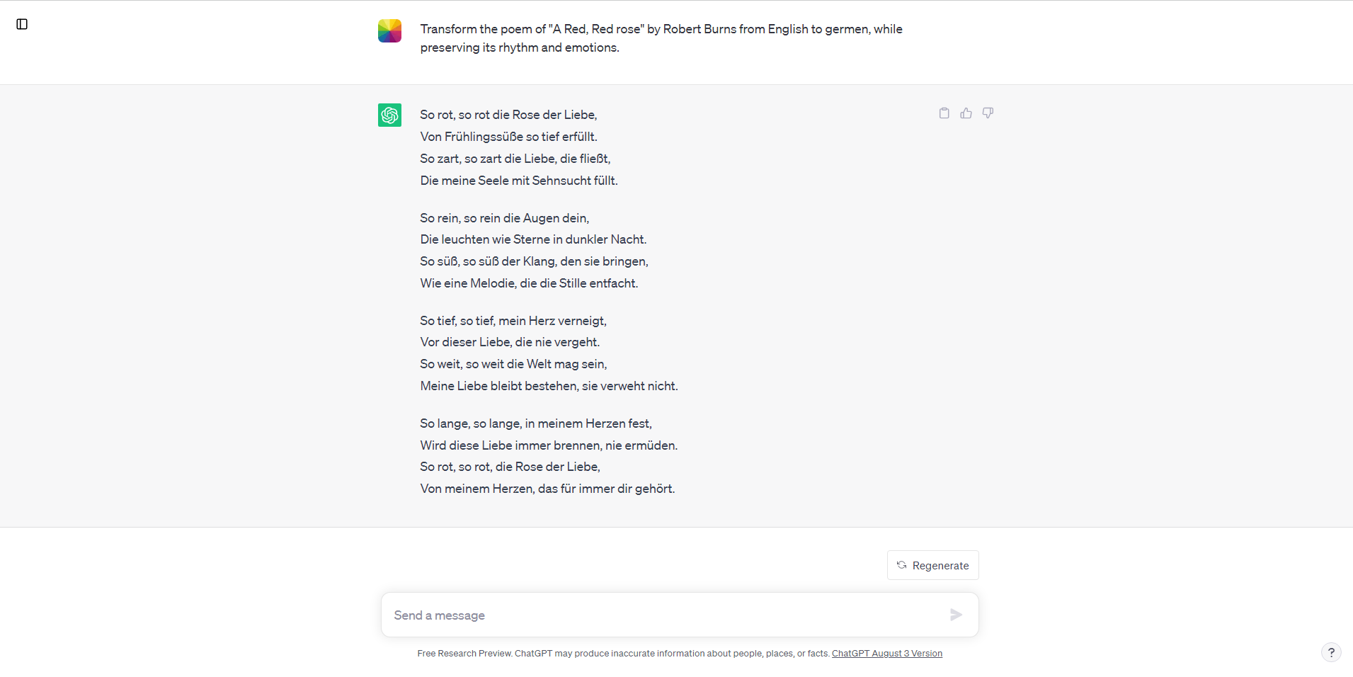 chatgpt conversation page of translating a red red rose by robert burns from english to germen