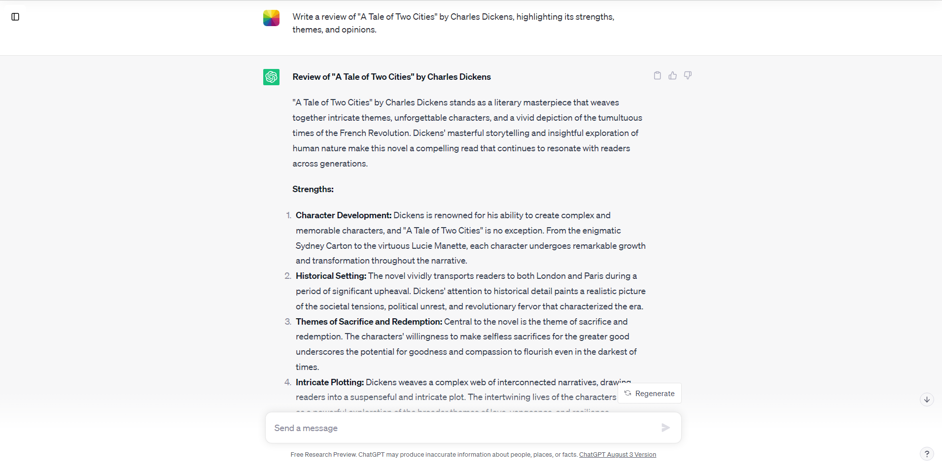 chatgpt conversation page of writing a review on a tale of two cities by charles dickens