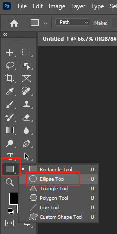 choose the ellipse tool in photoshop to curve text