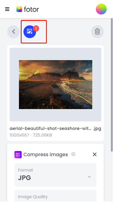click on the upload images icon to batch compress images in fotor